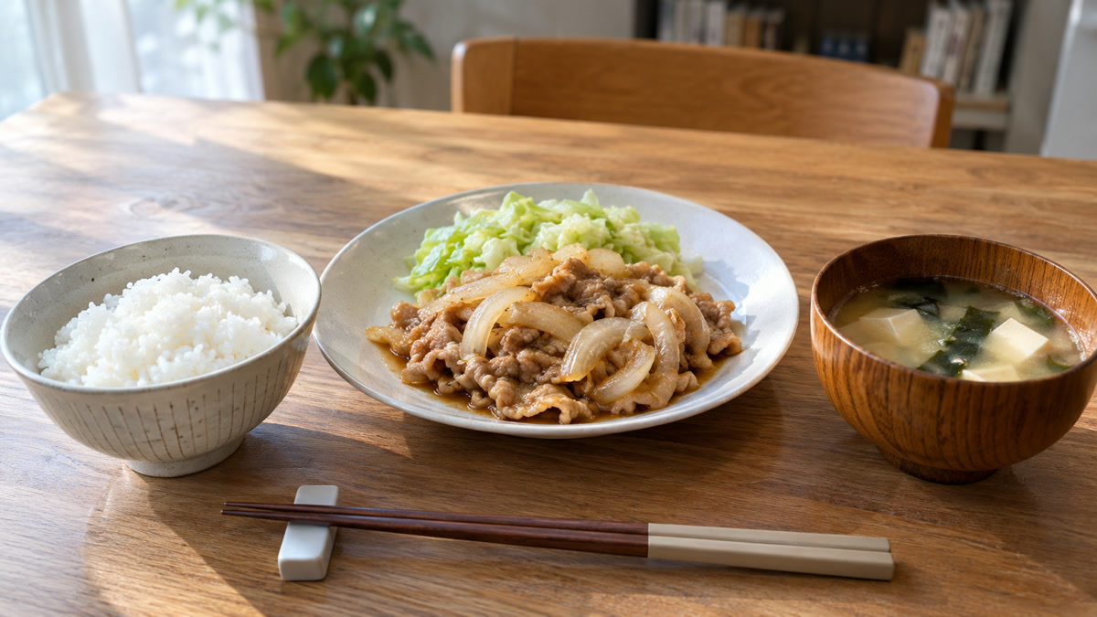 自然光の差し込む食卓に並ぶ家庭料理の一食分